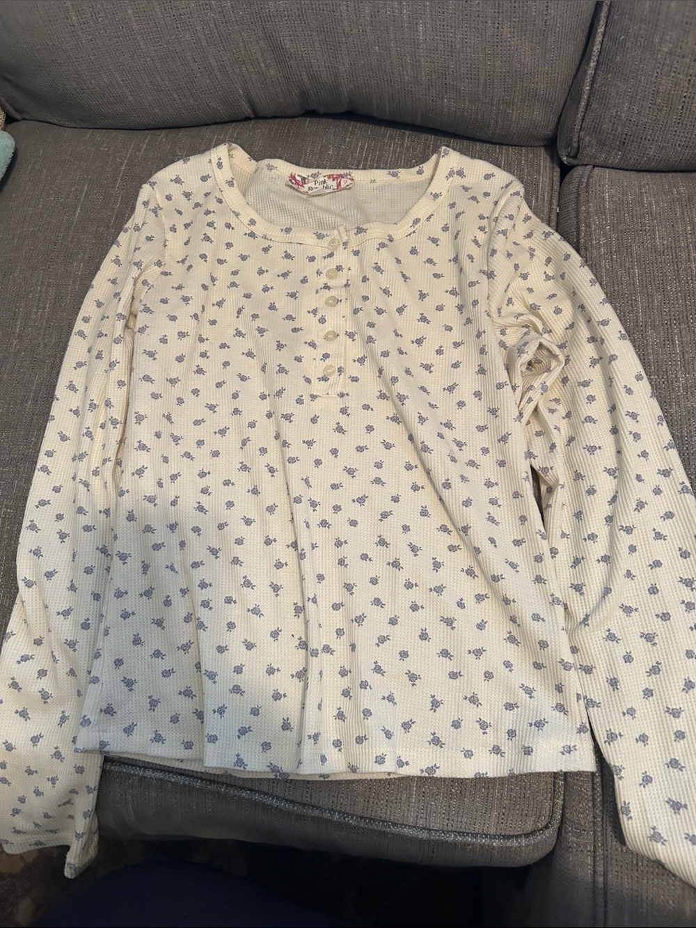 Pink Republic Cream Long Sleeve Henley Top with Blue Floral Print